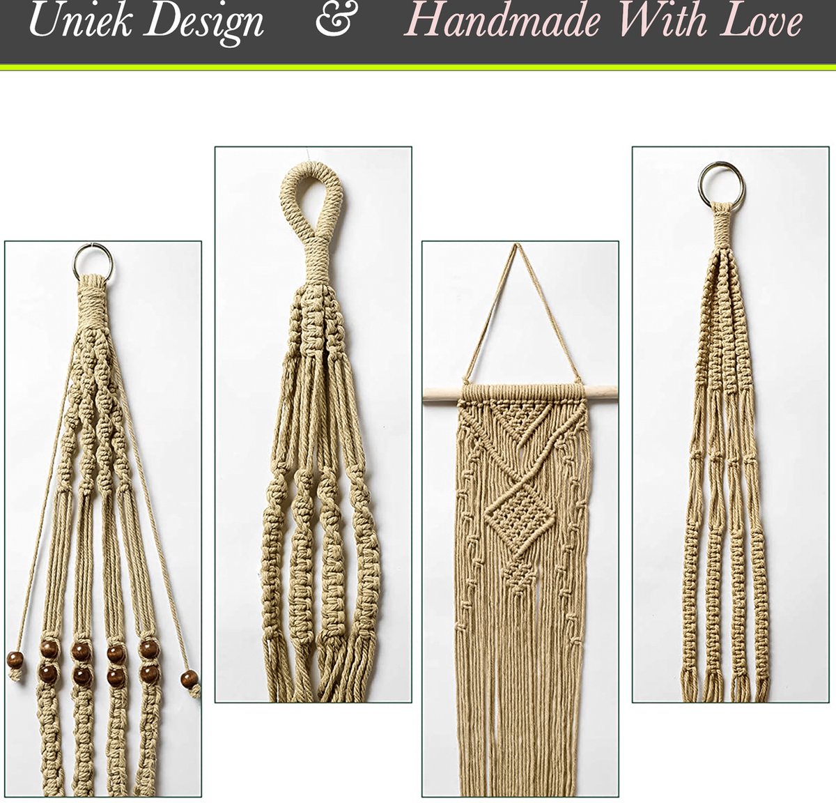  4 Stuks Luxe Jute Plantenhangers - Boho Handgeweven Katoen Hangpot Voor Binnen/Buiten - Hangende Bloempot Met Kralen - Macramé Touw/Koord Hangplant Houder - Bohemian Wandhanger Decoratie - Plant Hanger - Verticale Tuin Bloempothouder Planthanger