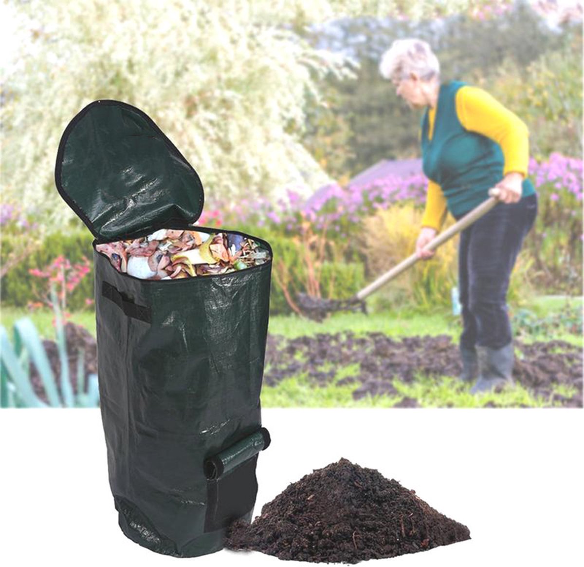 Merkloos TDR - Compostzak Met Grote Capaciteit Voor Tuin - 45 X 45 X 80 Cm - 162 Liter - Donkergroen