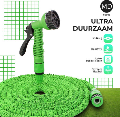  Uitrekbare Tuinslang Tot 15 Meter Van MD-goods ® - Tuinsproeier - Tuin Besproeien - Waterslang - Sproeikop - Groen - Flexibel Elastisch