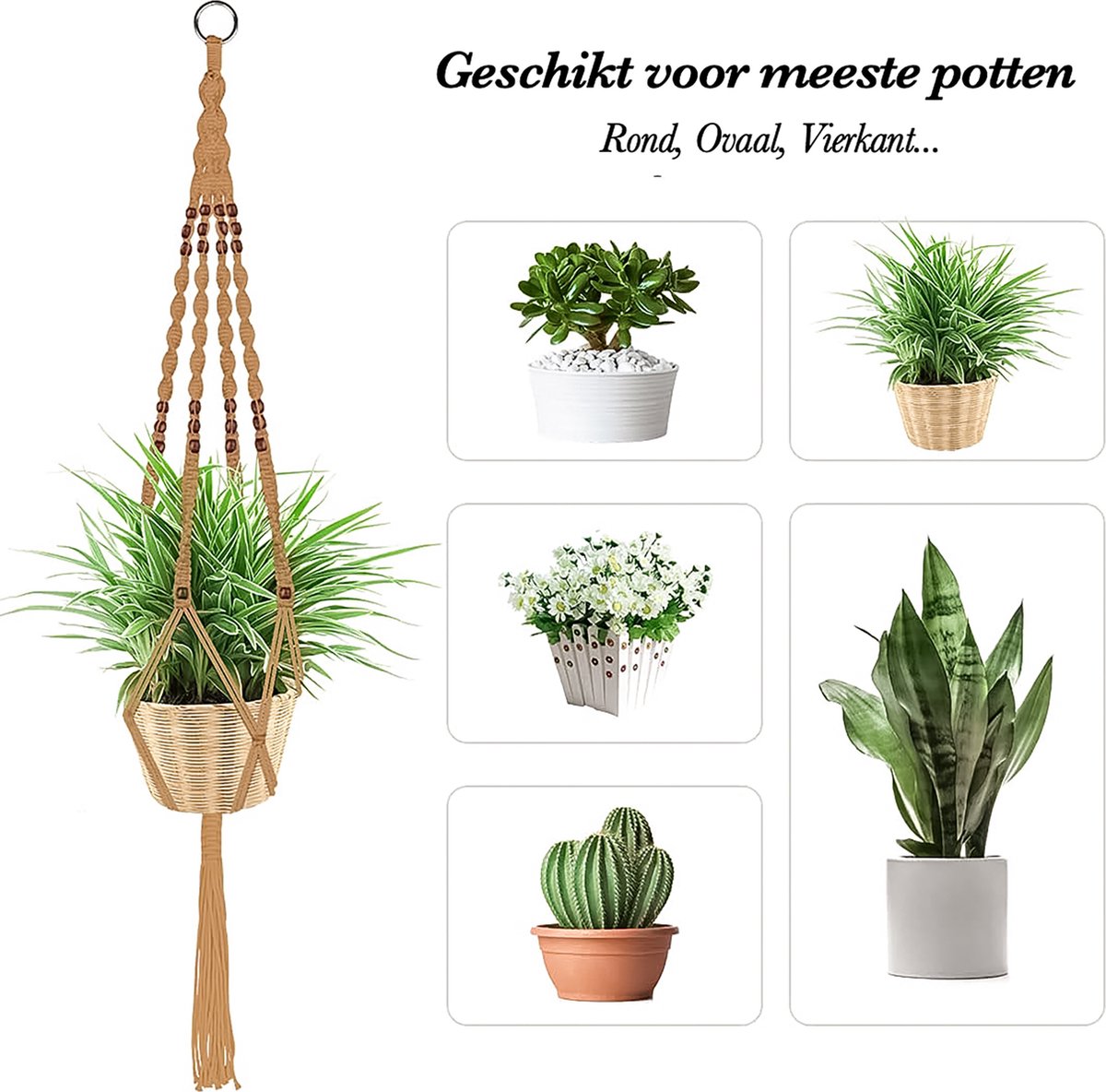  5 Stuks Jute Macrame Plantenhangers - Boho Handgeweven Katoen Hangpot Voor Binnen/Buiten - Hangende Bloempot Met Kralen - Macramé Touw/Koord Hangplant Houder - Bohemian Wandhanger Decoratie - Plant Hanger - Verticale Tuin Bloempothouder Planthanger