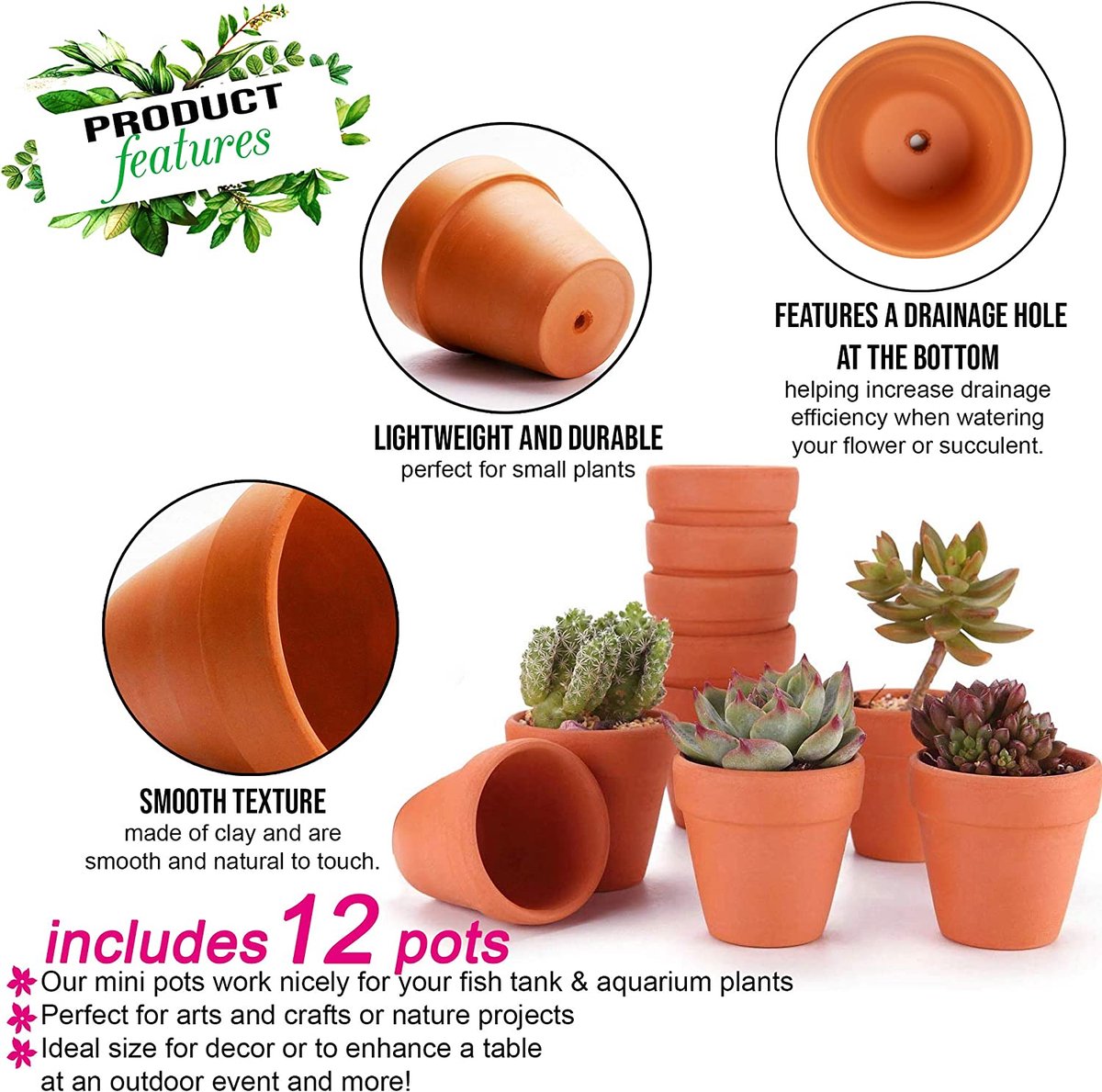  Garden Mania - 12 Mini Terracotta Keramische Klei Bloempotten Met Afvoergat, 8cm