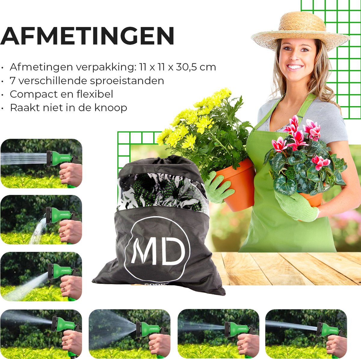  Uitrekbare Tuinslang Tot 15 Meter Van MD-goods ® - Tuinsproeier - Tuin Besproeien - Waterslang - Sproeikop - Groen - Flexibel Elastisch
