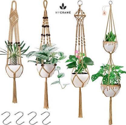  5 Stuks Jute Macrame Plantenhangers - Boho Handgeweven Katoen Hangpot Voor Binnen/Buiten - Hangende Bloempot Met Kralen - Macramé Touw/Koord Hangplant Houder - Bohemian Wandhanger Decoratie - Plant Hanger - Verticale Tuin Bloempothouder Planthanger