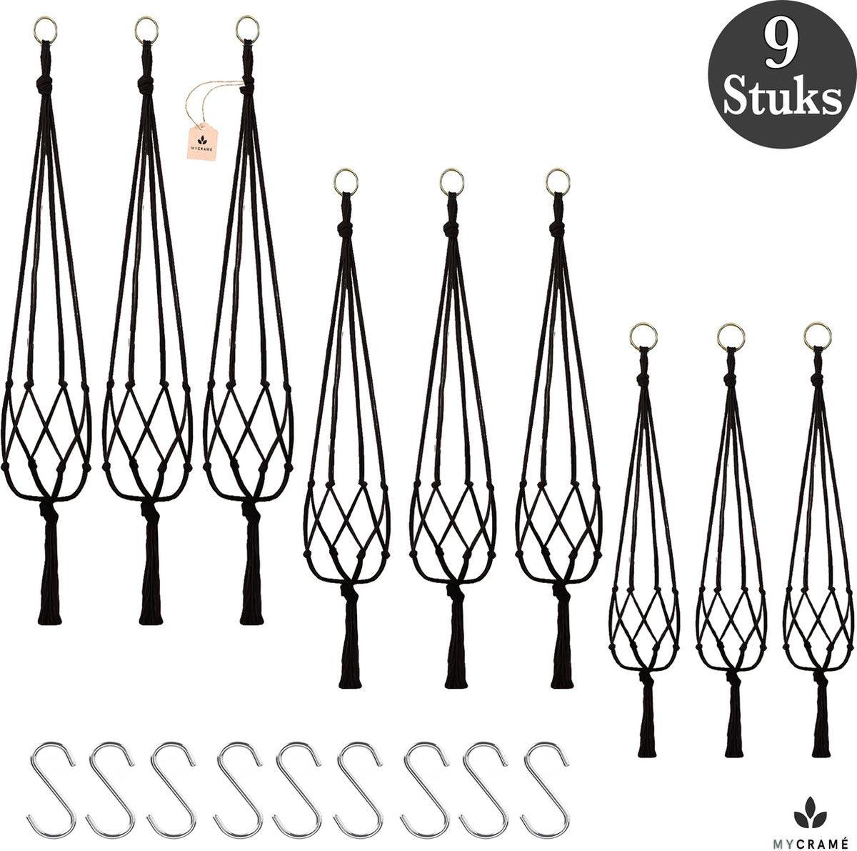  9 Stuks Zwart Macrame Plantenhangers - Boho Handgeweven Katoen Hangpot Voor Binnen/Buiten - Hangende Bloempot Met Kralen - Macramé Touw/Koord Hangplant Houder - Bohemian Wandhanger Decoratie - Plant Hanger - Verticale Tuin Bloempothouder Planthanger
