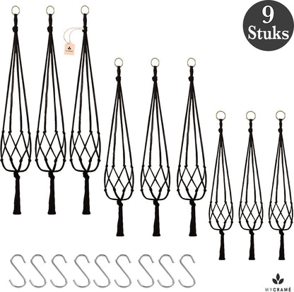  9 Stuks Zwart Macrame Plantenhangers - Boho Handgeweven Katoen Hangpot Voor Binnen/Buiten - Hangende Bloempot Met Kralen - Macramé Touw/Koord Hangplant Houder - Bohemian Wandhanger Decoratie - Plant Hanger - Verticale Tuin Bloempothouder Planthanger