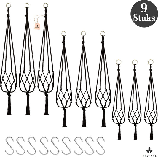  9 Stuks Zwart Macrame Plantenhangers - Boho Handgeweven Katoen Hangpot Voor Binnen/Buiten - Hangende Bloempot Met Kralen - Macramé Touw/Koord Hangplant Houder - Bohemian Wandhanger Decoratie - Plant Hanger - Verticale Tuin Bloempothouder Planthanger