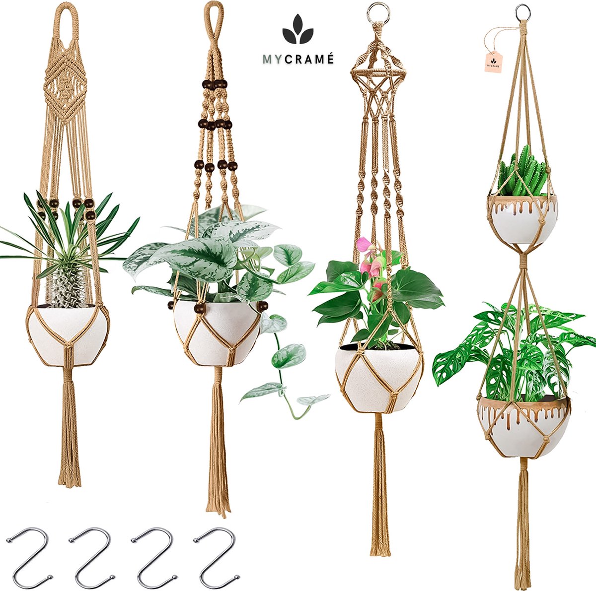  4 Stuks Luxe Jute Plantenhangers - Boho Handgeweven Katoen Hangpot Voor Binnen/Buiten - Hangende Bloempot Met Kralen - Macramé Touw/Koord Hangplant Houder - Bohemian Wandhanger Decoratie - Plant Hanger - Verticale Tuin Bloempothouder Planthanger