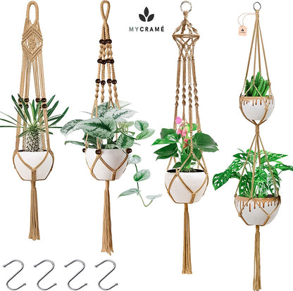  4 Stuks Luxe Jute Plantenhangers - Boho Handgeweven Katoen Hangpot Voor Binnen/Buiten - Hangende Bloempot Met Kralen - Macramé Touw/Koord Hangplant Houder - Bohemian Wandhanger Decoratie - Plant Hanger - Verticale Tuin Bloempothouder Planthanger