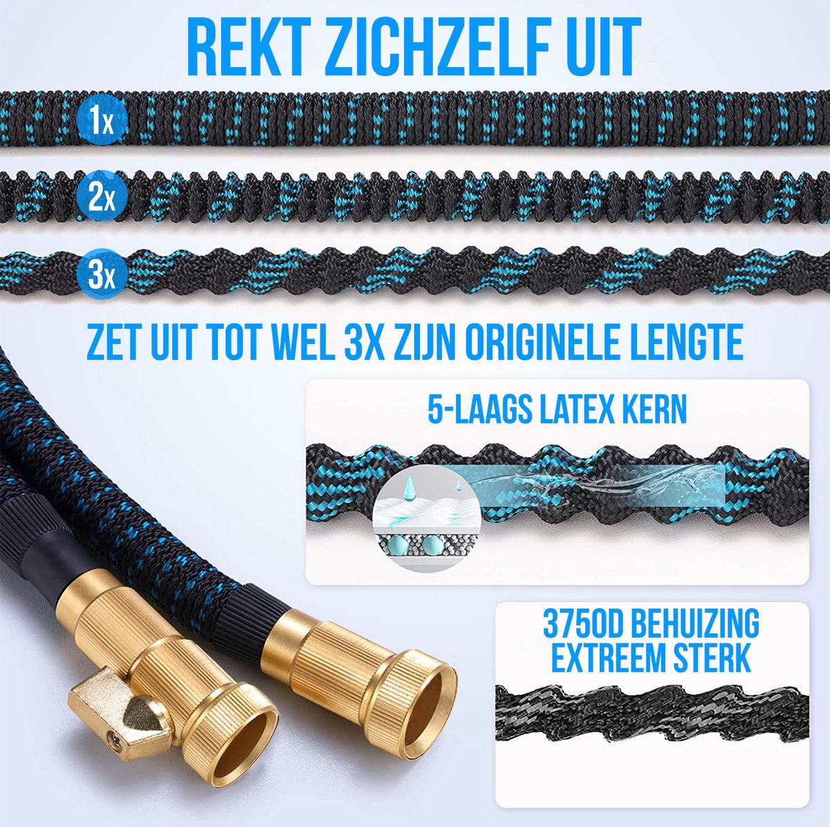  Strex Flexibele Tuinslang 15M Met Sproeikop - Uitrekbaar - Incl. Koppelingen, Ophanghaak &amp; Opbergzak