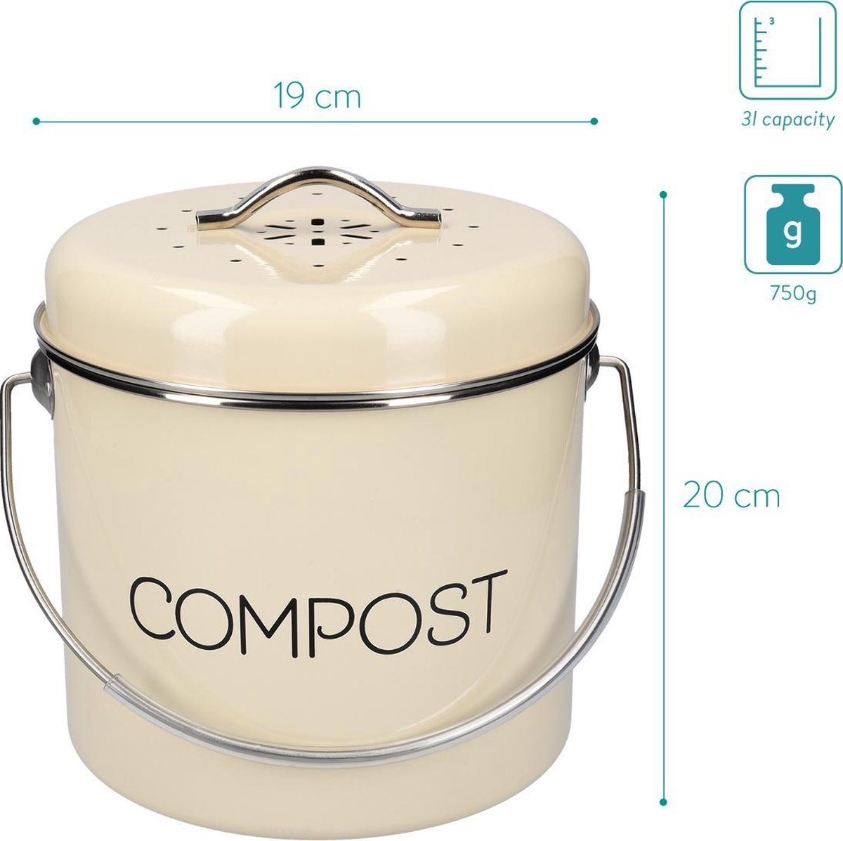  Navaris Metalen Compostbak 3L - Afvalbakje Met 3x Filter Tegen Vieze Geuren - Prullenbak Met Deksel Voor Gft-afval - Compostemmer Keuken - Crème