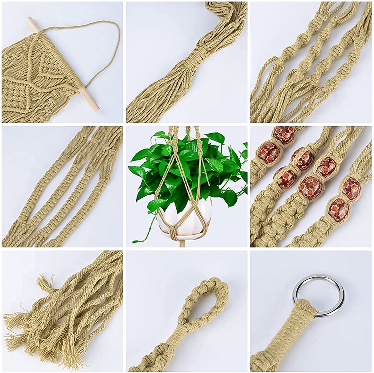  5 Stuks Luxe Jute Plantenhangers - Boho Handgeweven Katoen Hangpot Voor Binnen/Buiten - Hangende Bloempot Met Kralen - Macramé Touw/Koord Hangplant Houder - Bohemian Wandhanger Decoratie - Plant Hanger - Verticale Tuin Bloempothouder Planthanger