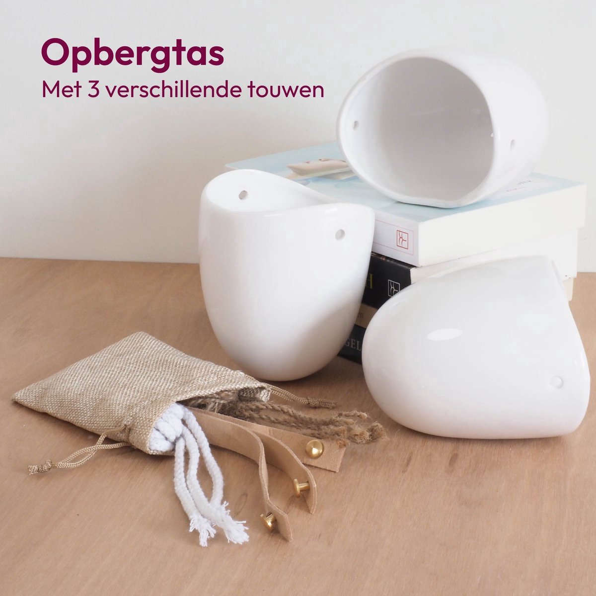  Gadgy Plantenhanger Keramiek - Set Van 3 - Hangpot Van Wit Steen - Hangende Bloempot Plantenpot - Met 3 Verschillende Koorden - 12x11x9.5CM