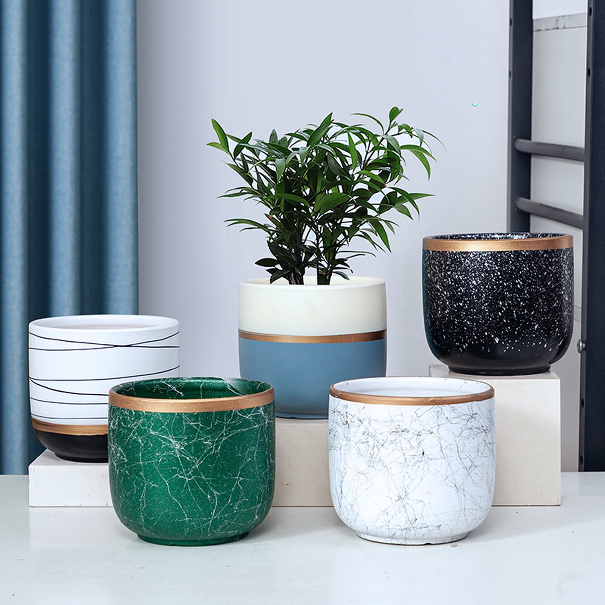  Bloempotten Binnen - Keramiek - Gouden Rand - Bloempot Buiten - Afvoergat 24 Cm - Wit Zwart – Groot