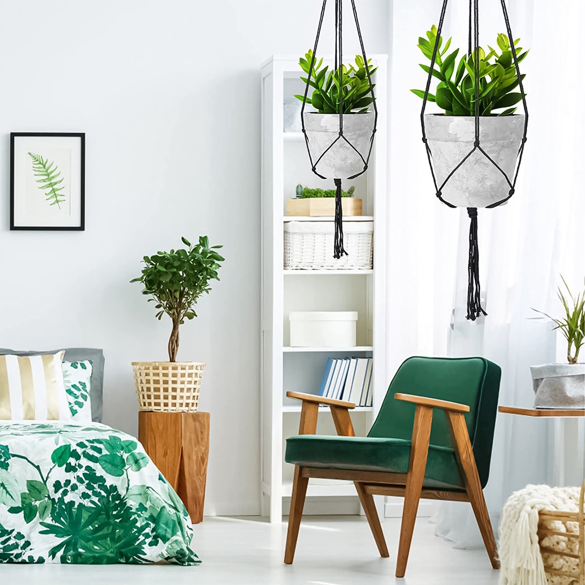  9 Stuks Zwart Macrame Plantenhangers - Boho Handgeweven Katoen Hangpot Voor Binnen/Buiten - Hangende Bloempot Met Kralen - Macramé Touw/Koord Hangplant Houder - Bohemian Wandhanger Decoratie - Plant Hanger - Verticale Tuin Bloempothouder Planthanger