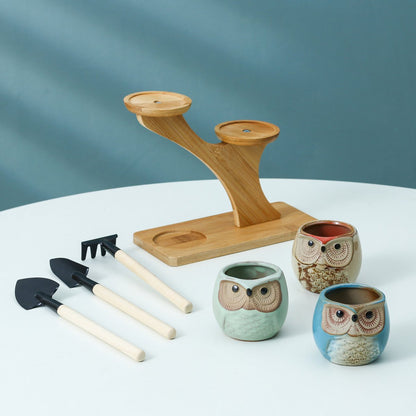  Luxe Bamboe Houten Boom Met 3 Keramiek Uil Bloempotten/Plantenpotten Op Standaard/Voet Voor Binnen En Buiten - Modern Design Bloempot/Plantenpot Op Poten/Pootjes-Plantenbak Mini Cactus Nep Plant Pot Houder - Kleine Bloembakken Plantenrek/Plantenkurk