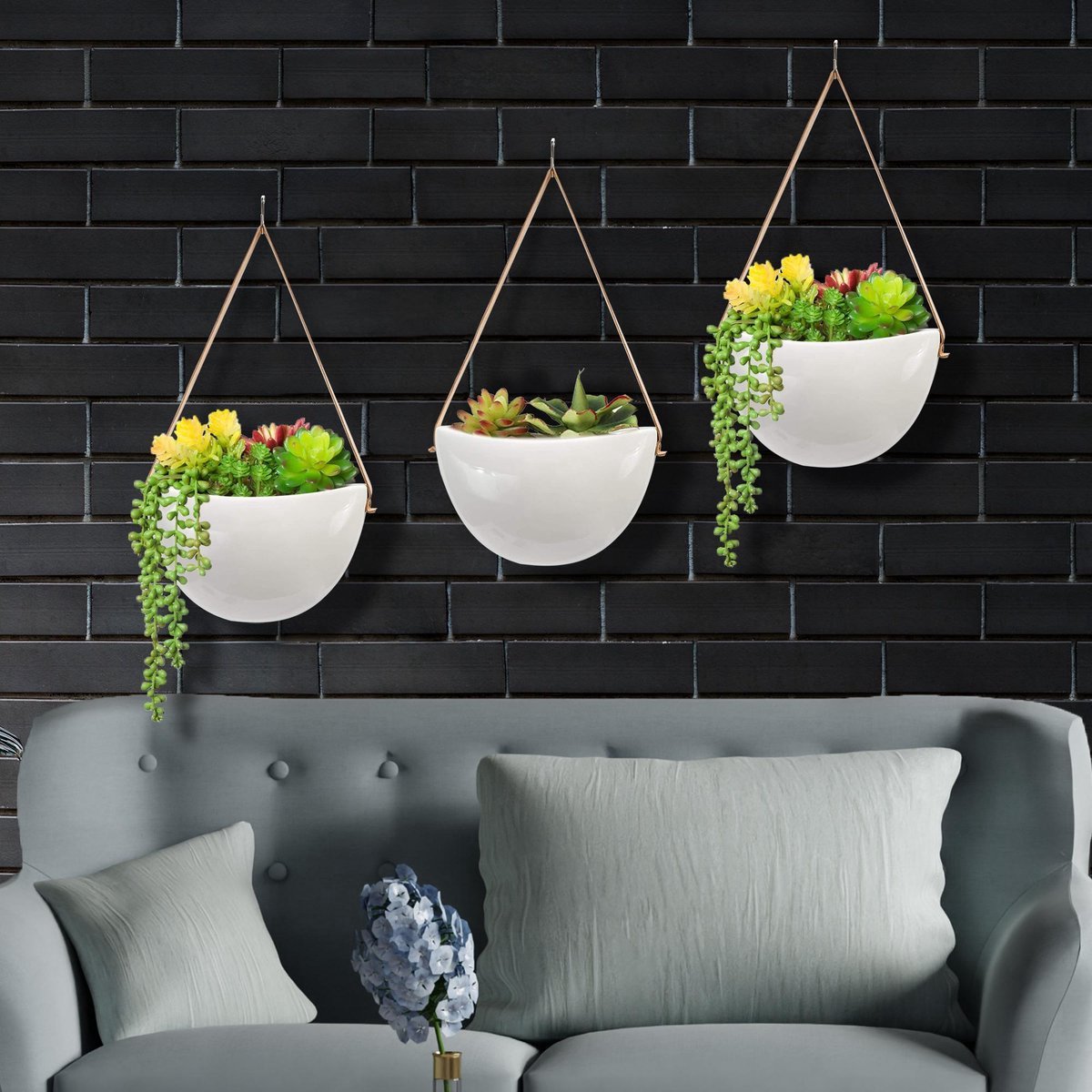  Plantenhanger Keramiek – Set Van 3 – Wit Steen- Hangpot – Hangende Bloempot Plantenpot - 3 Verschillende Koorden - 18 X 11 X 7 Cm