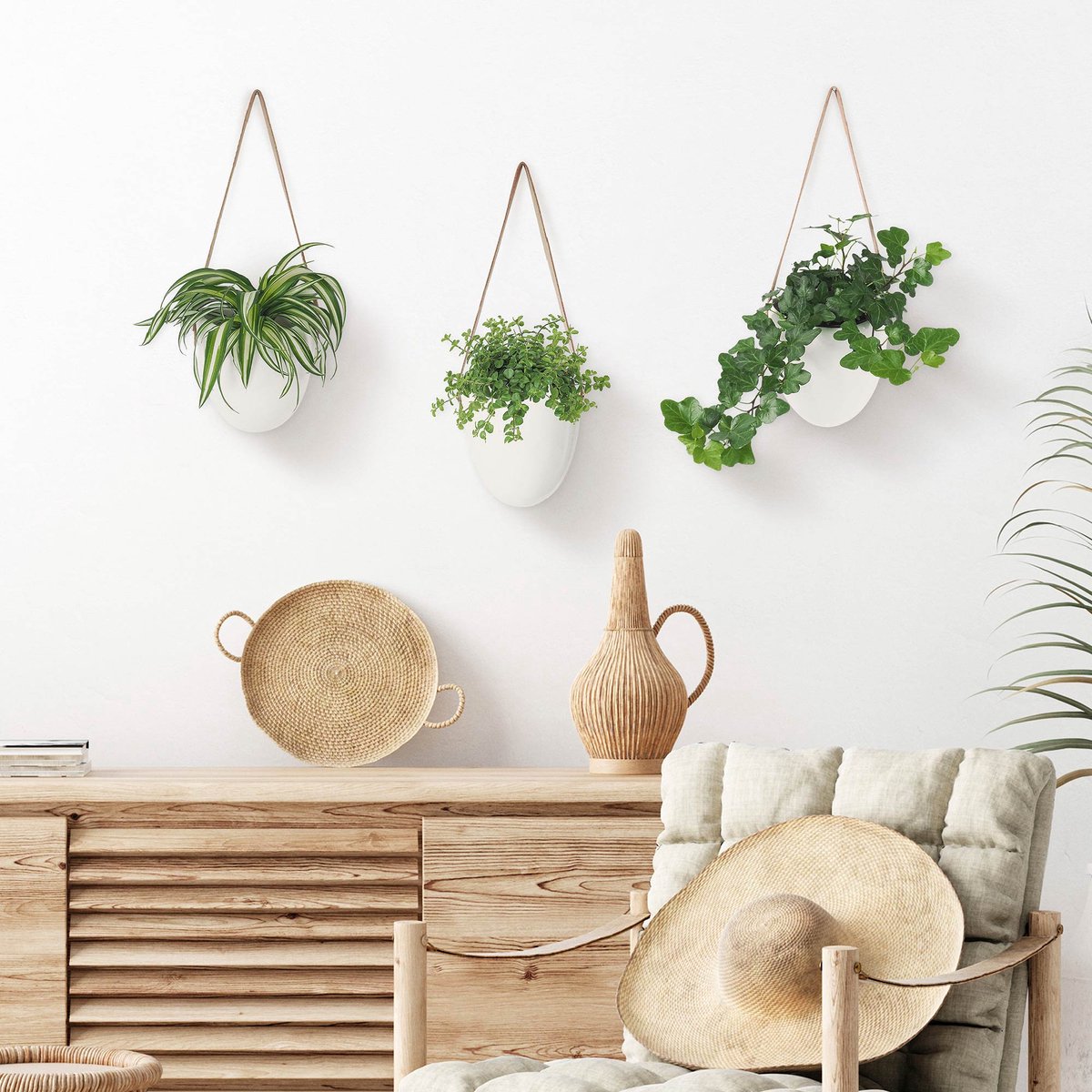  Gadgy Plantenhanger Keramiek - Set Van 3 - Hangpot Van Wit Steen - Hangende Bloempot Plantenpot - Met 3 Verschillende Koorden - 12x11x9.5CM