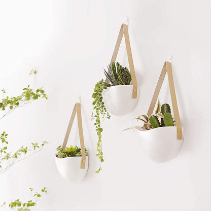  Plantenhanger Keramiek – Set Van 3 – Wit Steen- Hangpot – Hangende Bloempot Plantenpot - 3 Verschillende Koorden - 18 X 11 X 7 Cm
