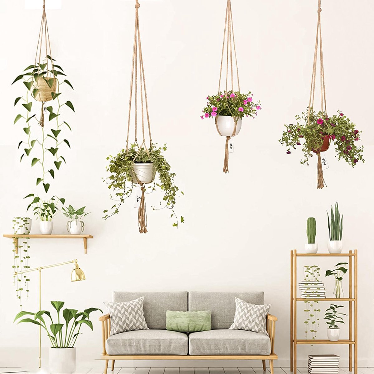  9 Stuks Jute Macrame Plantenhangers - Boho Handgeweven Katoen Hangpot Voor Binnen/Buiten - Hangende Bloempot Met Kralen - Macramé Touw/Koord Hangplant Houder - Bohemian Wandhanger Decoratie - Plant Hanger - Verticale Tuin Bloempothouder Planthanger