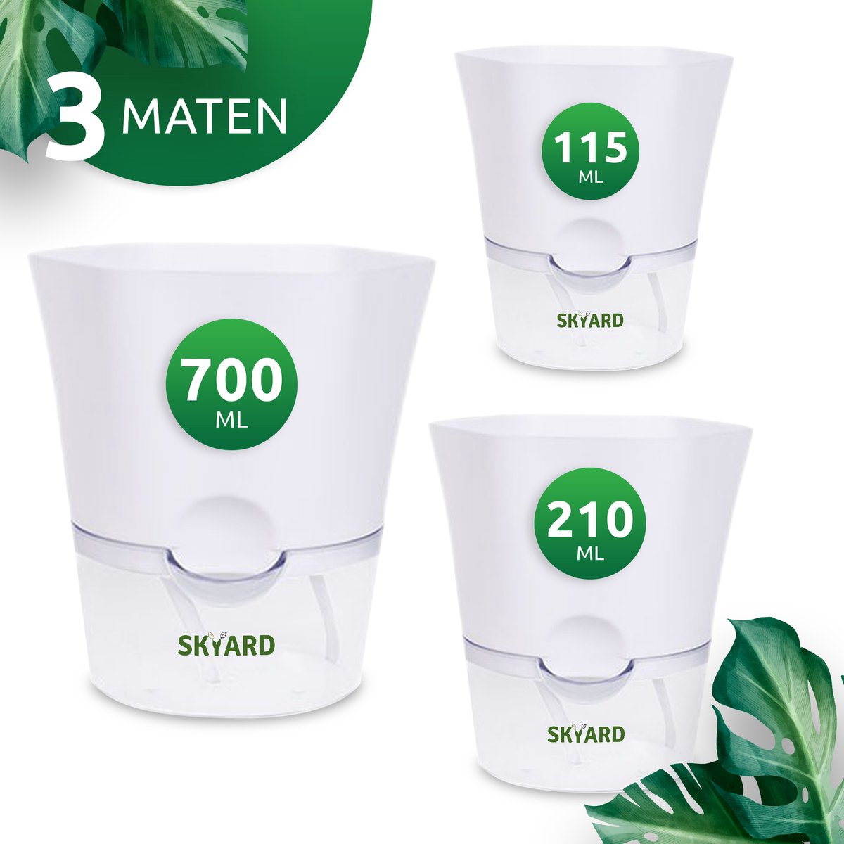  SKYARD® 3 Stuks Zelfwaterende Bloempot Maat M – Milieuvriendelijk Watergeefsysteem Kamerplanten – Zelfwatergevende Pot – Bloempot Met Waterreservoir – Selfwatering Pot – Wit