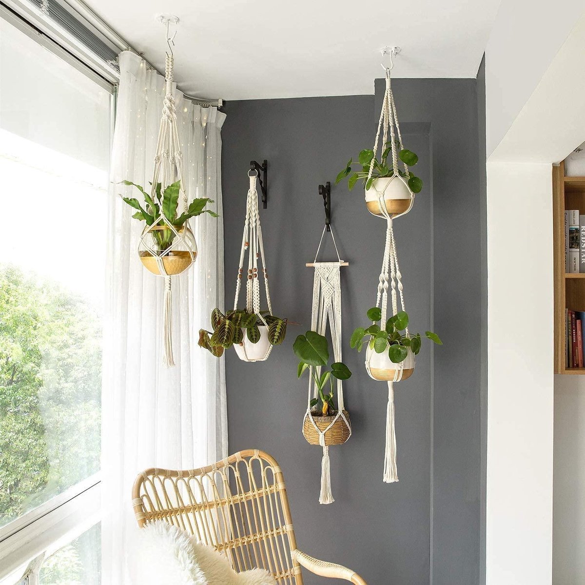  4 Stuks Plantenhangers - Boho Handgeweven Katoen Hangpot Voor Binnen/Buiten - Bloempot Met Kralen - Macramé Touw/Koord Hangplant Houder - Bohemian Wandhanger Decoratie - Verticale Tuin Plant Hanger Bloempothouder Planthanger Wit