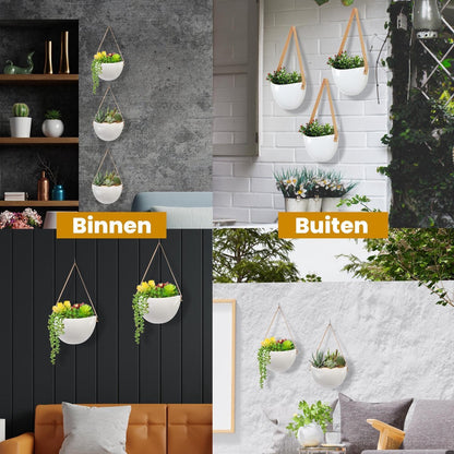  Plantenhanger Keramiek – Set Van 3 – Wit Steen- Hangpot – Hangende Bloempot Plantenpot - 3 Verschillende Koorden - 18 X 11 X 7 Cm