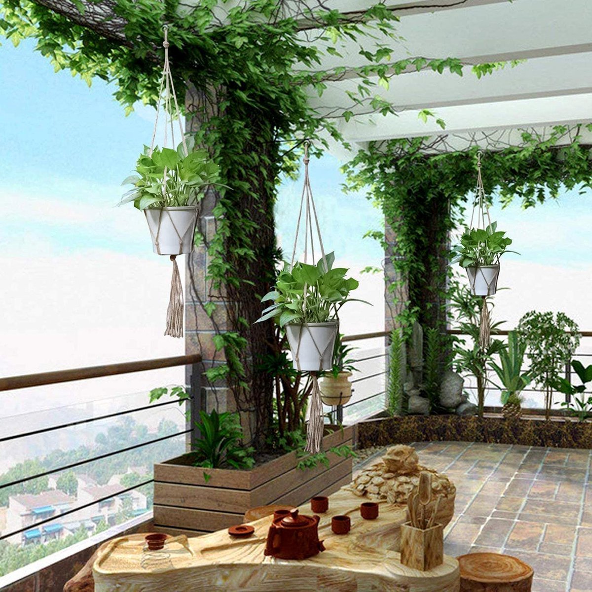  9 Stuks Jute Macrame Plantenhangers - Boho Handgeweven Katoen Hangpot Voor Binnen/Buiten - Hangende Bloempot Met Kralen - Macramé Touw/Koord Hangplant Houder - Bohemian Wandhanger Decoratie - Plant Hanger - Verticale Tuin Bloempothouder Planthanger