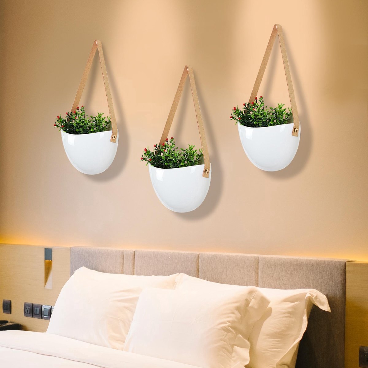  Plantenhanger Keramiek – Set Van 3 – Wit Steen- Hangpot – Hangende Bloempot Plantenpot - 3 Verschillende Koorden - 18 X 11 X 7 Cm