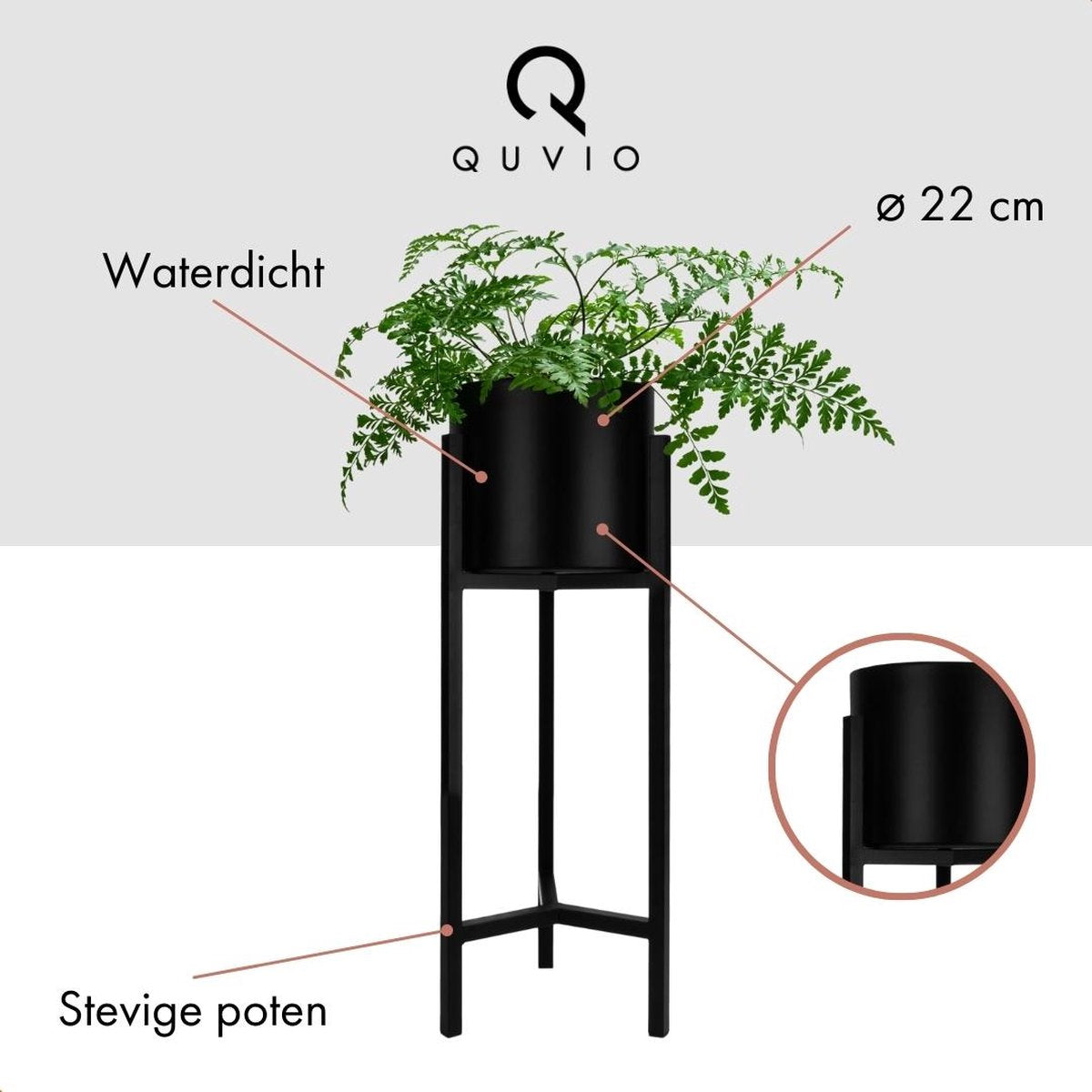  QUVIO Plantenstandaard Binnen - Inclusief Pot - Staande Plantenbak - Metaal - Bloempot - 22 X 22 X 60 Cm - Zwart