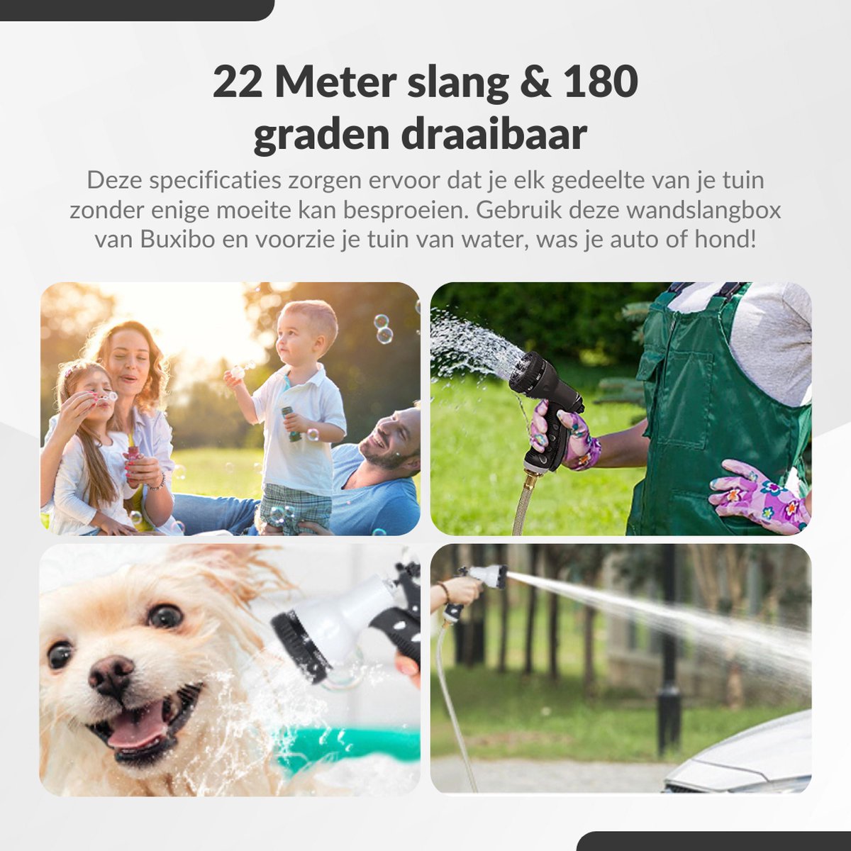  Buxibo - Wandslangenbox 20 Meter + 2 Meter - Tuinslang Met Haspel - 9 Sproei Standen - Slangenhouder 180° Draaibaar - Tuinslanghaspel Zwart+ Gratis Sproeier - Zwart