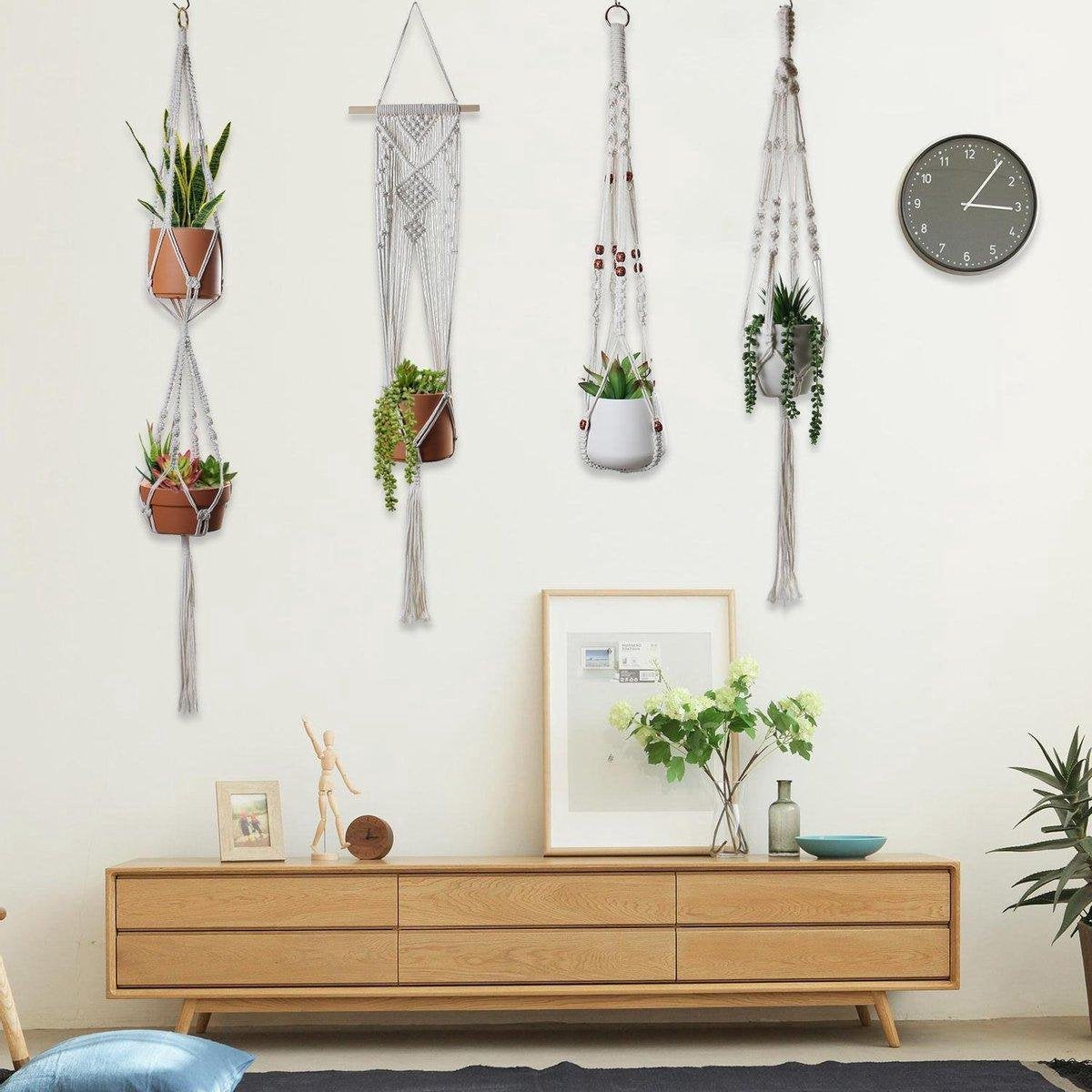  4 Stuks Plantenhangers - Boho Handgeweven Katoen Hangpot Voor Binnen/Buiten - Bloempot Met Kralen - Macramé Touw/Koord Hangplant Houder - Bohemian Wandhanger Decoratie - Verticale Tuin Plant Hanger Bloempothouder Planthanger Wit
