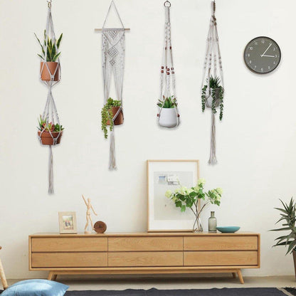  4 Stuks Plantenhangers - Boho Handgeweven Katoen Hangpot Voor Binnen/Buiten - Bloempot Met Kralen - Macramé Touw/Koord Hangplant Houder - Bohemian Wandhanger Decoratie - Verticale Tuin Plant Hanger Bloempothouder Planthanger Wit