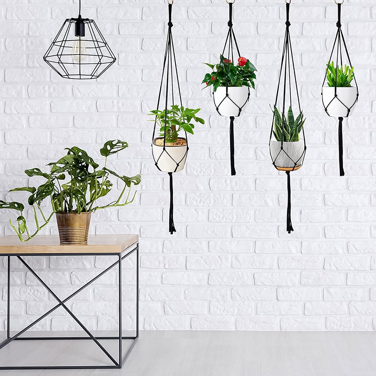  9 Stuks Zwart Macrame Plantenhangers - Boho Handgeweven Katoen Hangpot Voor Binnen/Buiten - Hangende Bloempot Met Kralen - Macramé Touw/Koord Hangplant Houder - Bohemian Wandhanger Decoratie - Plant Hanger - Verticale Tuin Bloempothouder Planthanger