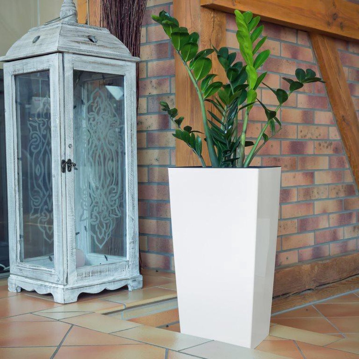 Prosperplast Kunststof Urbi Bloempot/plantenpot Met Binnenpot Wit 32 X 32 X 61 Cm - 21/49 Liter - Hoge Vierkante Bloempotten