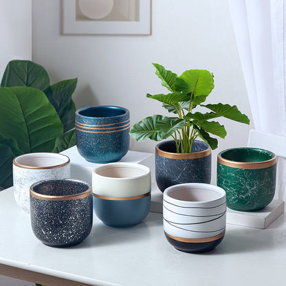  Bloempotten Binnen - Keramiek - Gouden Rand - Bloempot Buiten - Afvoergat 24 Cm - Wit Zwart – Groot