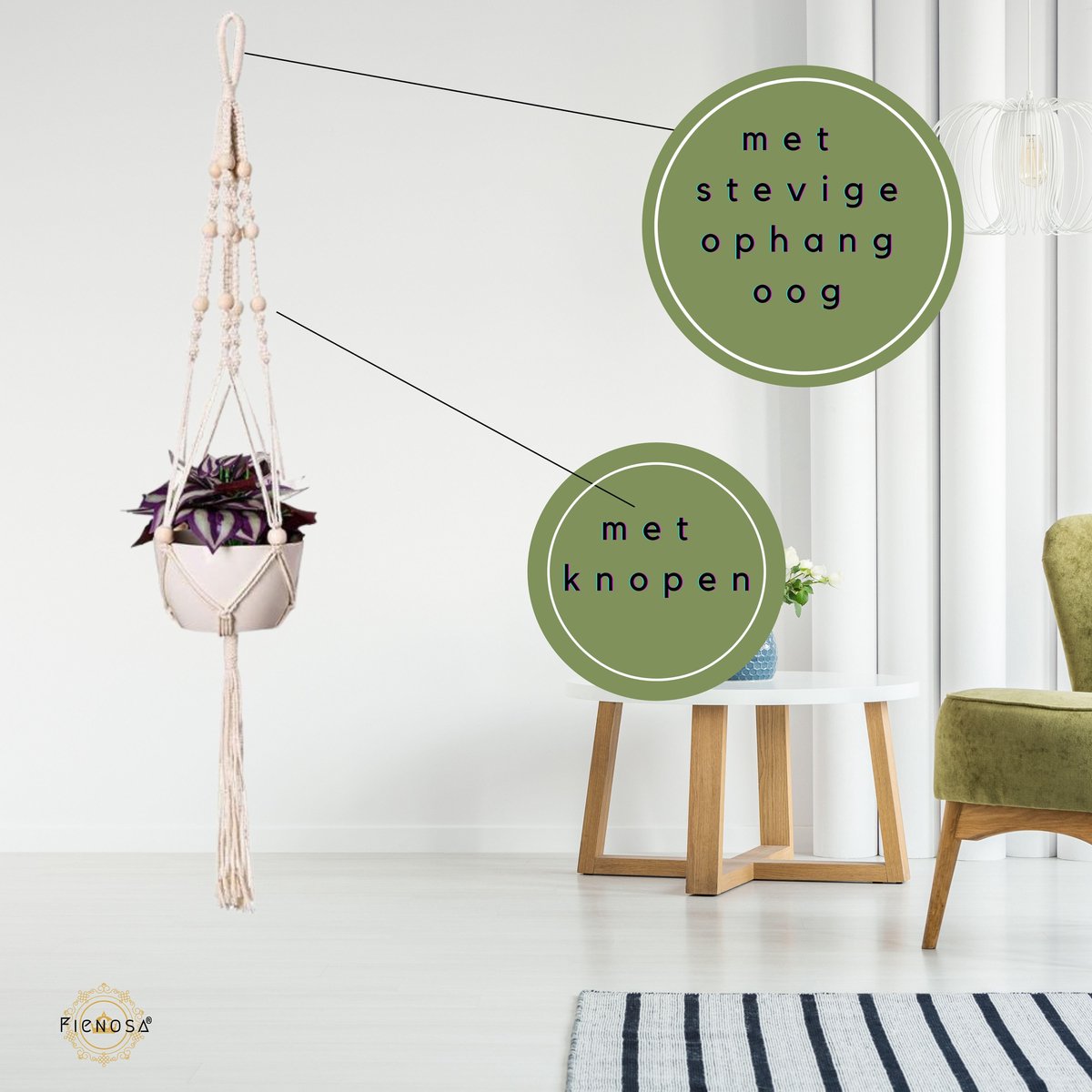 Plantenhanger - Plantenhanger Macrame - Set Van 2 - Wit - Knopen - Luxe Gevlochten Touw - Met Ophang Haken - Fienosa