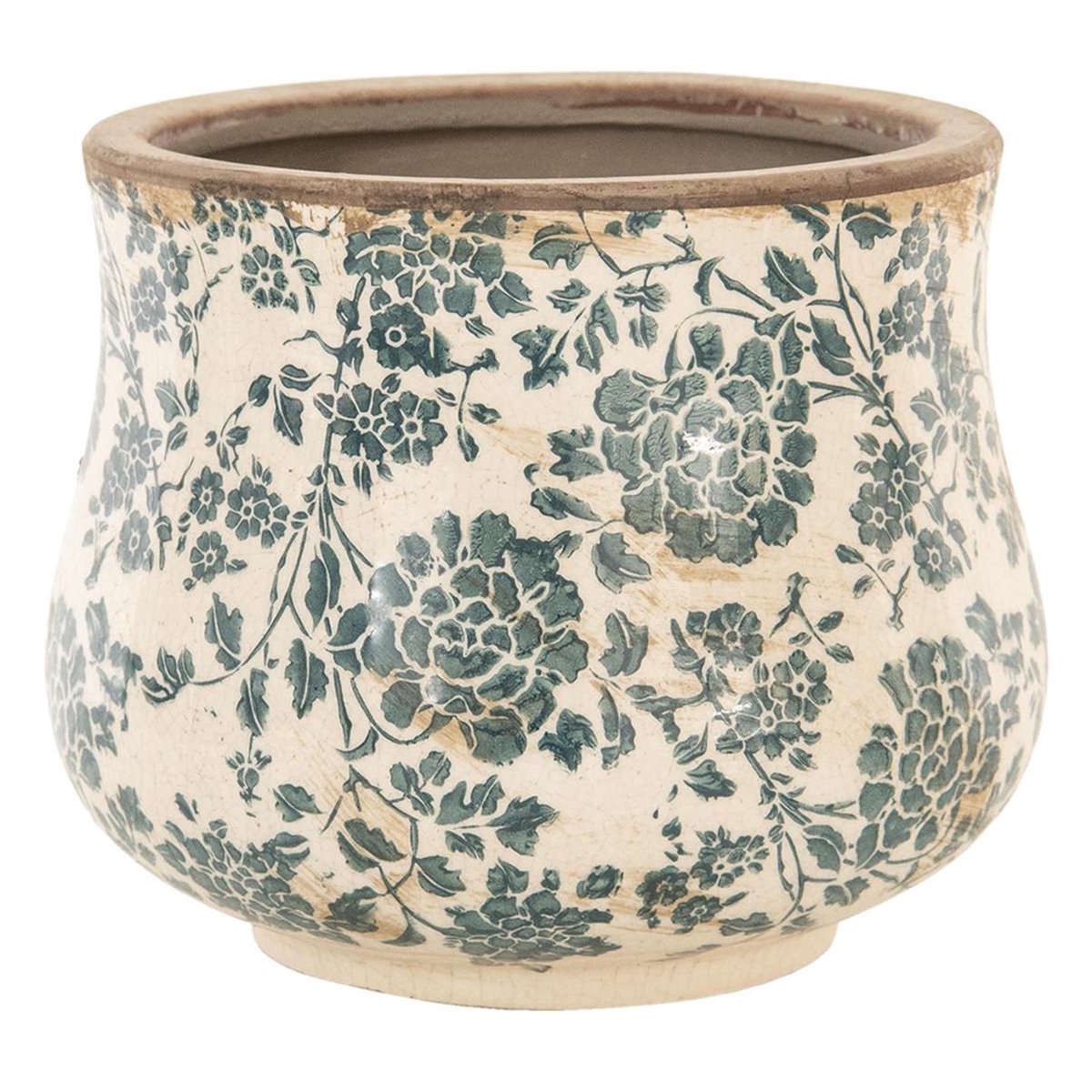  Clayre &amp; Eef Bloempot Ø 21x17 Cm Beige Groen Keramiek Rond Bloemen Bloempot Binnen Plantenpot Plant Pot