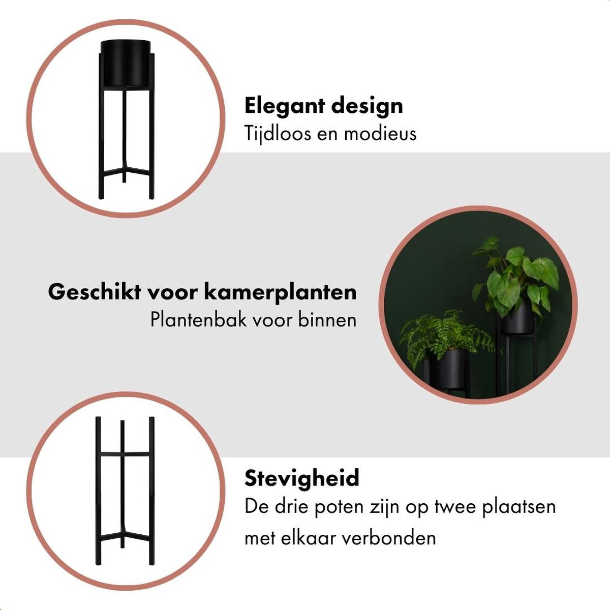  QUVIO Plantenstandaard Binnen - Inclusief Pot - Staande Plantenbak - Metaal - Bloempot - 22 X 22 X 60 Cm - Zwart
