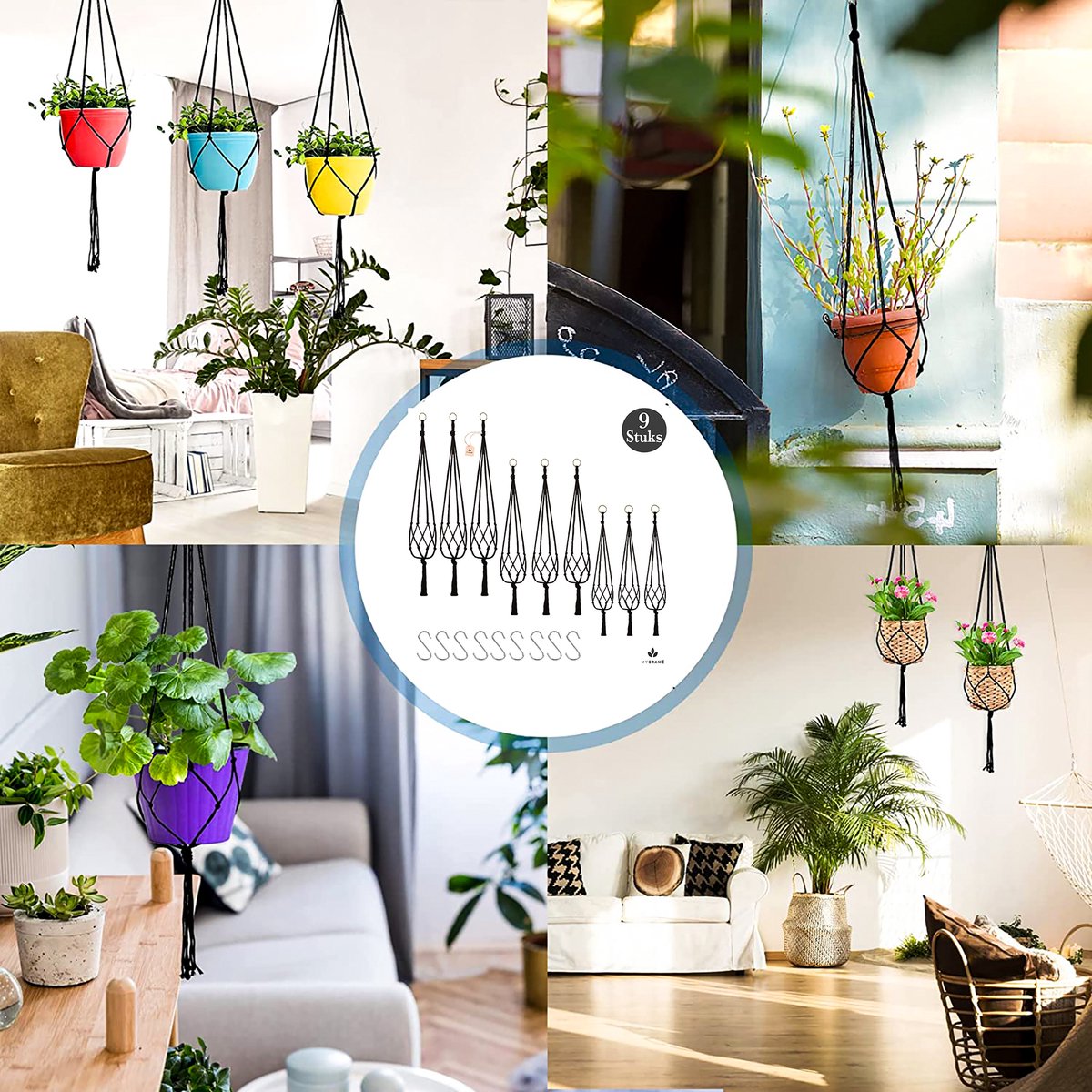  9 Stuks Zwart Macrame Plantenhangers - Boho Handgeweven Katoen Hangpot Voor Binnen/Buiten - Hangende Bloempot Met Kralen - Macramé Touw/Koord Hangplant Houder - Bohemian Wandhanger Decoratie - Plant Hanger - Verticale Tuin Bloempothouder Planthanger