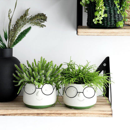  2x Bloempot Met Gezicht - Ø8 X H6,5 Cm - Bloempotten Voor Binnen Met Bril/Face/Hoofd
