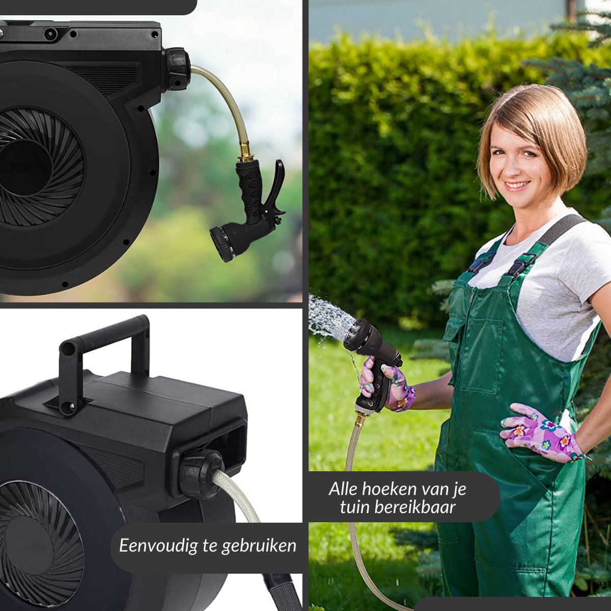  Buxibo - Wandslangenbox 20 Meter + 2 Meter - Tuinslang Met Haspel - 9 Sproei Standen - Slangenhouder 180° Draaibaar - Tuinslanghaspel Zwart+ Gratis Sproeier - Zwart