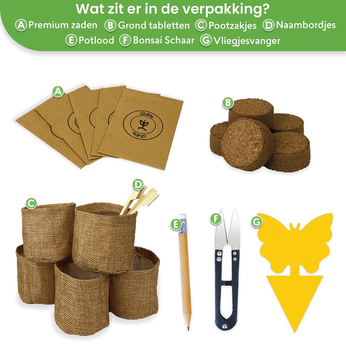 Qubis Bonsai Starters Kit - 23 Delige Kweekset - 5 Soorten Premium Zaden - DIY Pakket - Binnen Bonsai Boompje Kweken - Incl. Rouwvliegjes Vanger