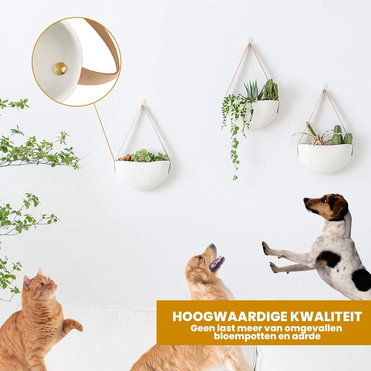  Plantenhanger Keramiek – Set Van 3 – Wit Steen- Hangpot – Hangende Bloempot Plantenpot - 3 Verschillende Koorden - 18 X 11 X 7 Cm