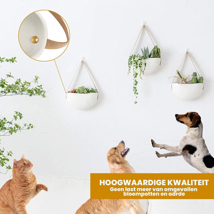  Plantenhanger Keramiek – Set Van 3 – Wit Steen- Hangpot – Hangende Bloempot Plantenpot - 3 Verschillende Koorden - 18 X 11 X 7 Cm
