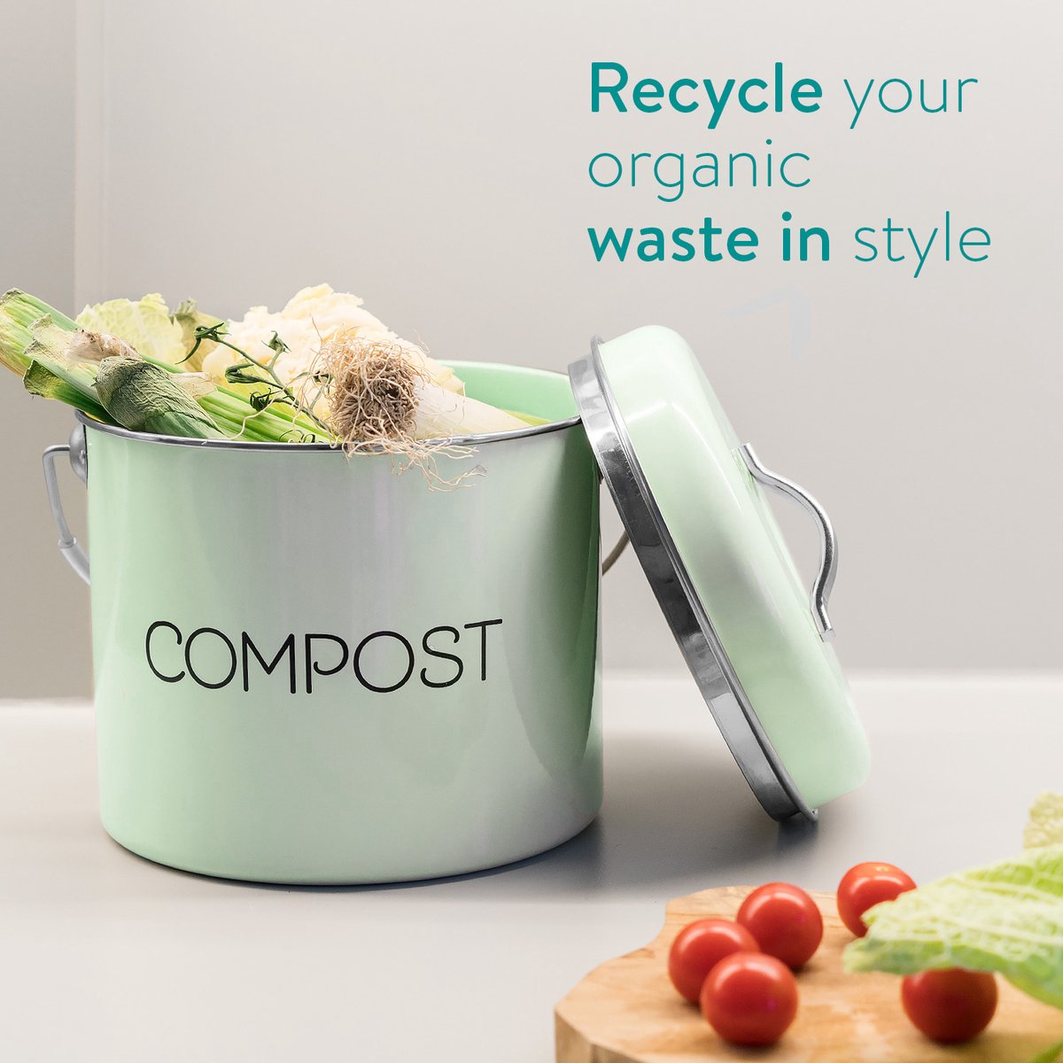  Navaris Metalen Compostbak 3L - Afvalbakje Met 3x Filter Tegen Vieze Geuren - Prullenbak Met Deksel Voor Gft-afval - Compostemmer Keuken - Mintgroen