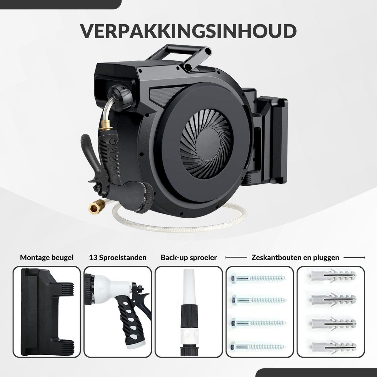  Buxibo - Wandslangenbox 20 Meter + 2 Meter - Tuinslang Met Haspel - 9 Sproei Standen - Slangenhouder 180° Draaibaar - Tuinslanghaspel Zwart+ Gratis Sproeier - Zwart