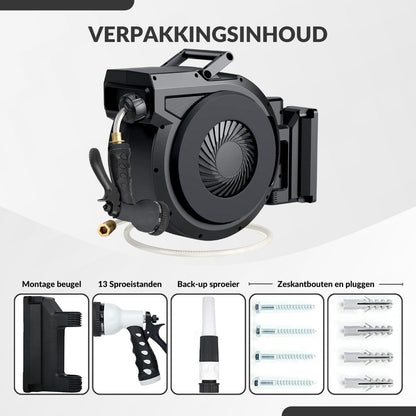  Buxibo - Wandslangenbox 20 Meter + 2 Meter - Tuinslang Met Haspel - 9 Sproei Standen - Slangenhouder 180° Draaibaar - Tuinslanghaspel Zwart+ Gratis Sproeier - Zwart