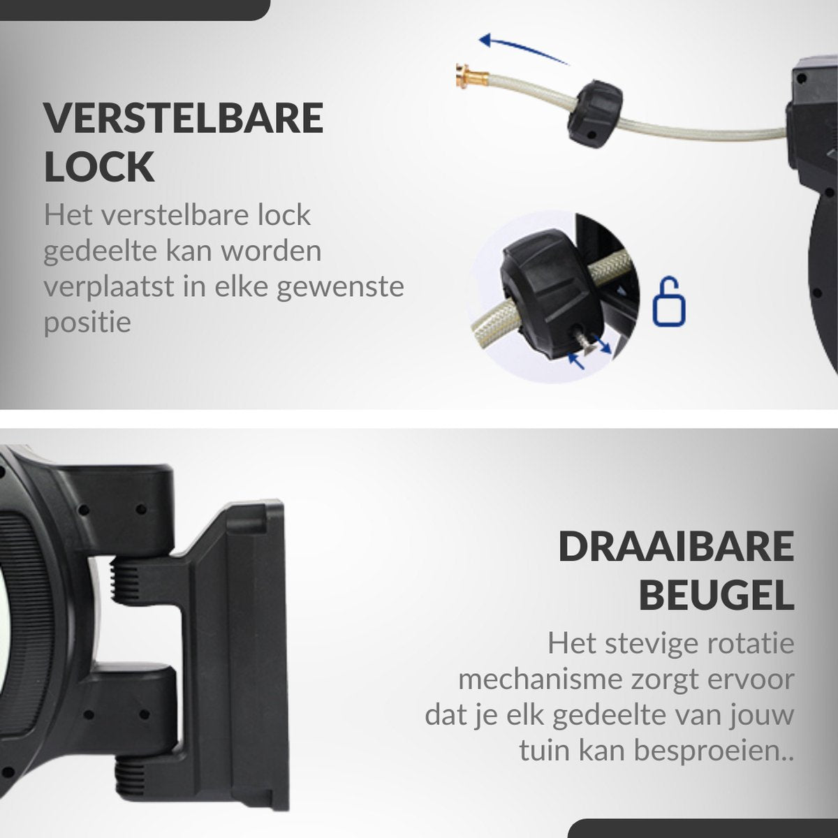  Buxibo - Wandslangenbox 20 Meter + 2 Meter - Tuinslang Met Haspel - 9 Sproei Standen - Slangenhouder 180° Draaibaar - Tuinslanghaspel Zwart+ Gratis Sproeier - Zwart