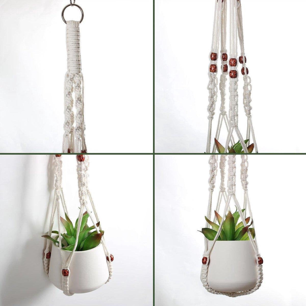  4 Stuks Plantenhangers - Boho Handgeweven Katoen Hangpot Voor Binnen/Buiten - Bloempot Met Kralen - Macramé Touw/Koord Hangplant Houder - Bohemian Wandhanger Decoratie - Verticale Tuin Plant Hanger Bloempothouder Planthanger Wit