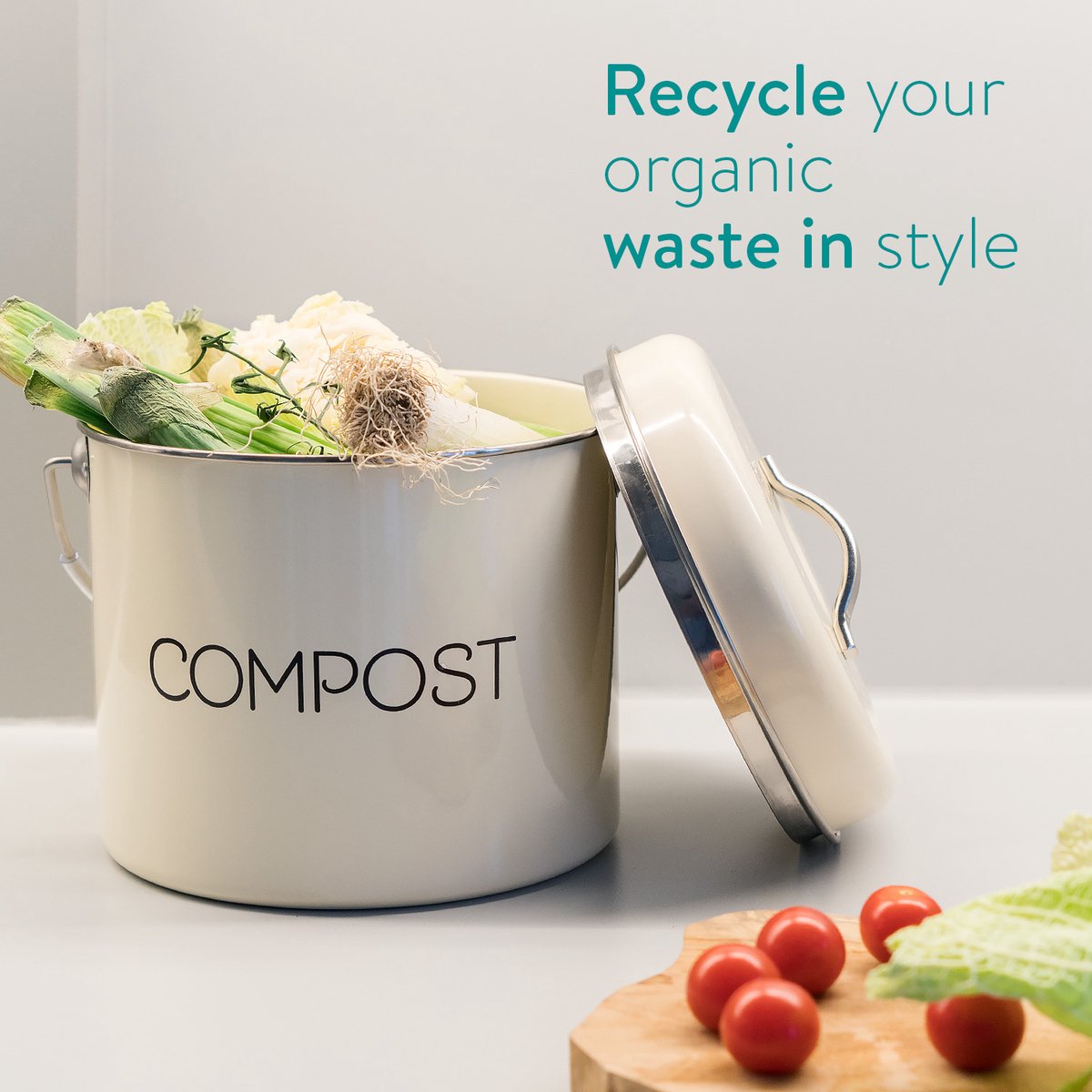  Navaris Metalen Compostbak 3L - Afvalbakje Met 3x Filter Tegen Vieze Geuren - Prullenbak Met Deksel Voor Gft-afval - Compostemmer Keuken - Crème
